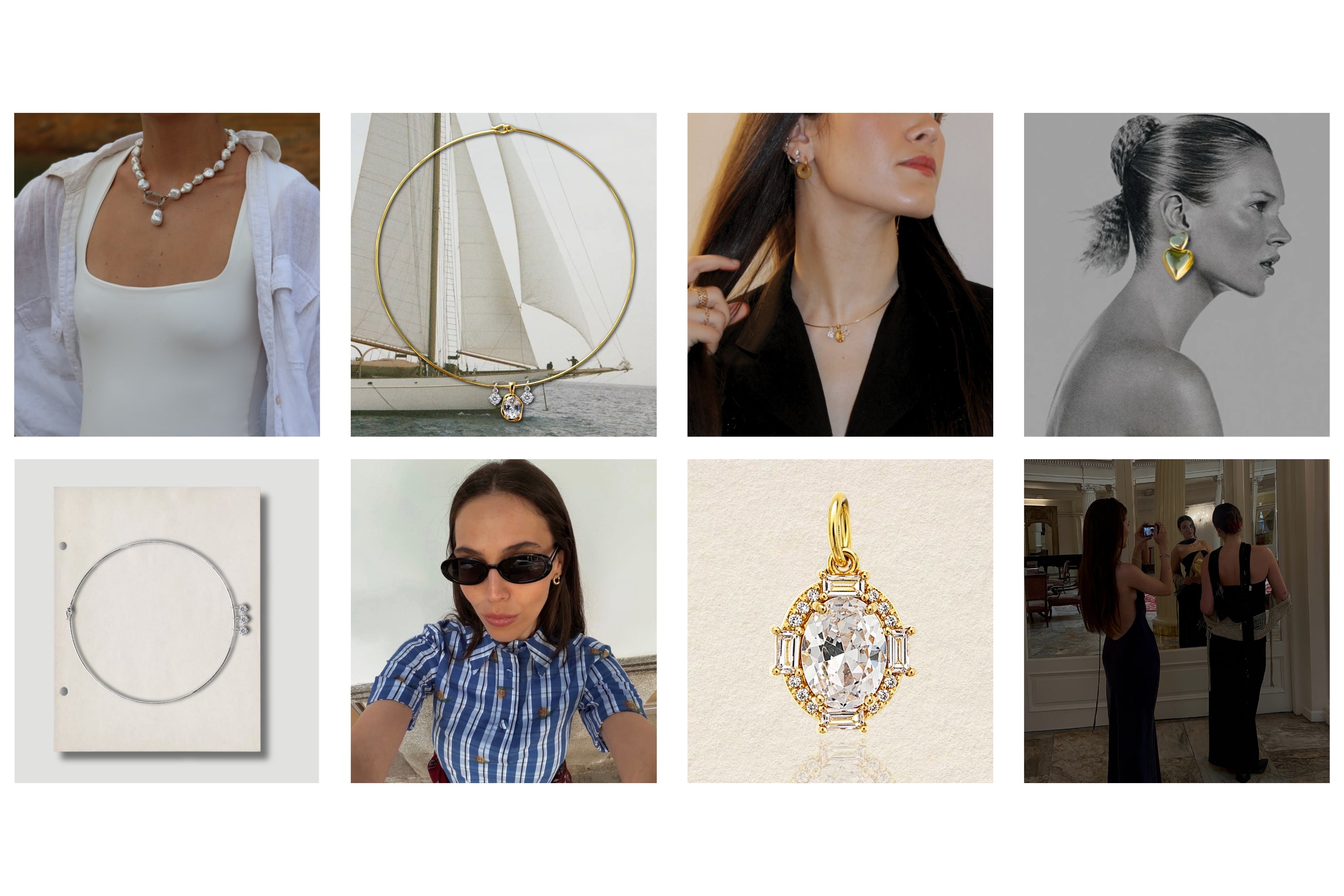 Collage of jewelry images including necklaces, earrings, and pendants.